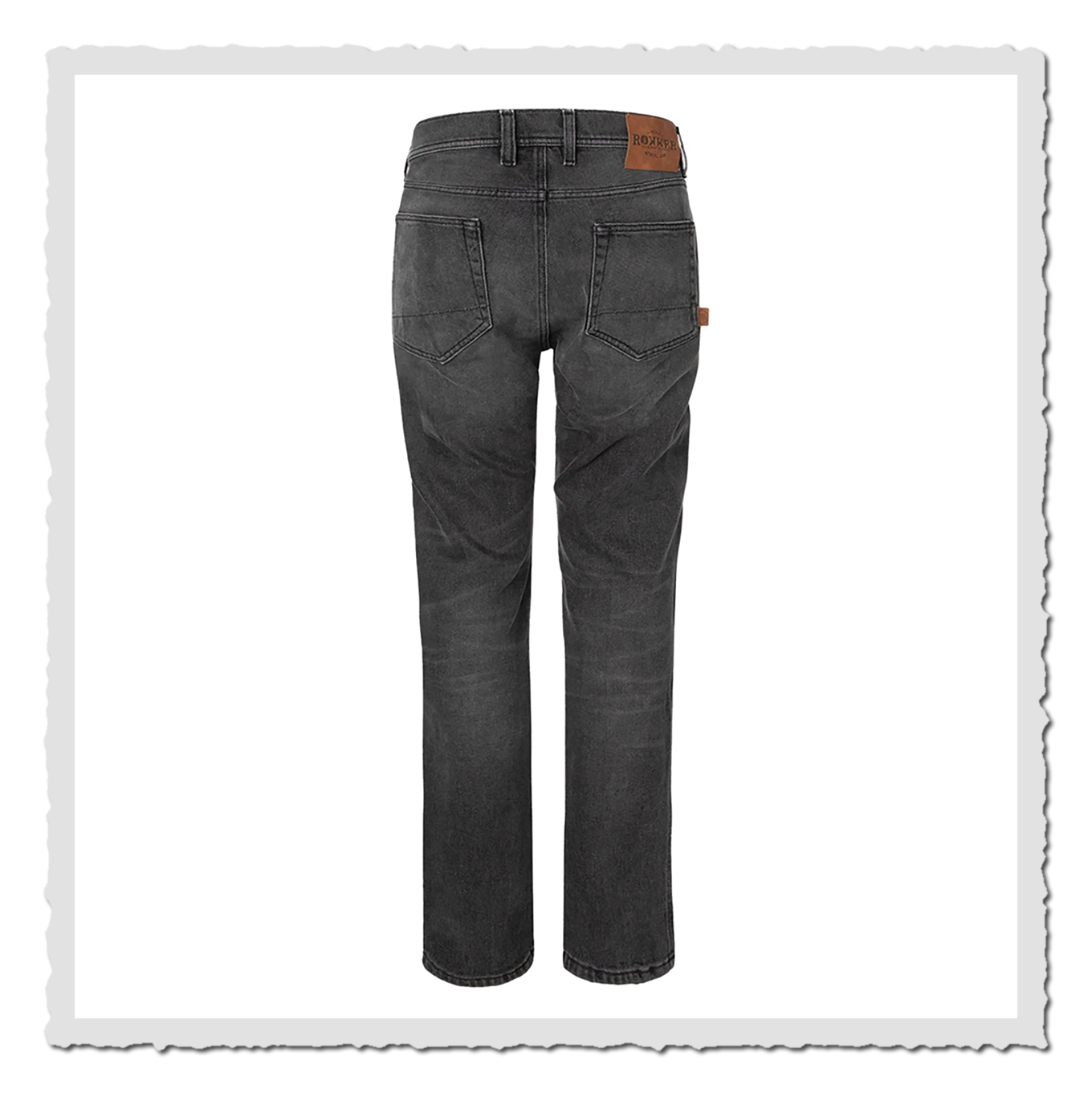 Grauschwarze Jeans in Rückansicht, freigestellt vor hellem Hintergrund mit sichtbaren Gesäßtaschen.